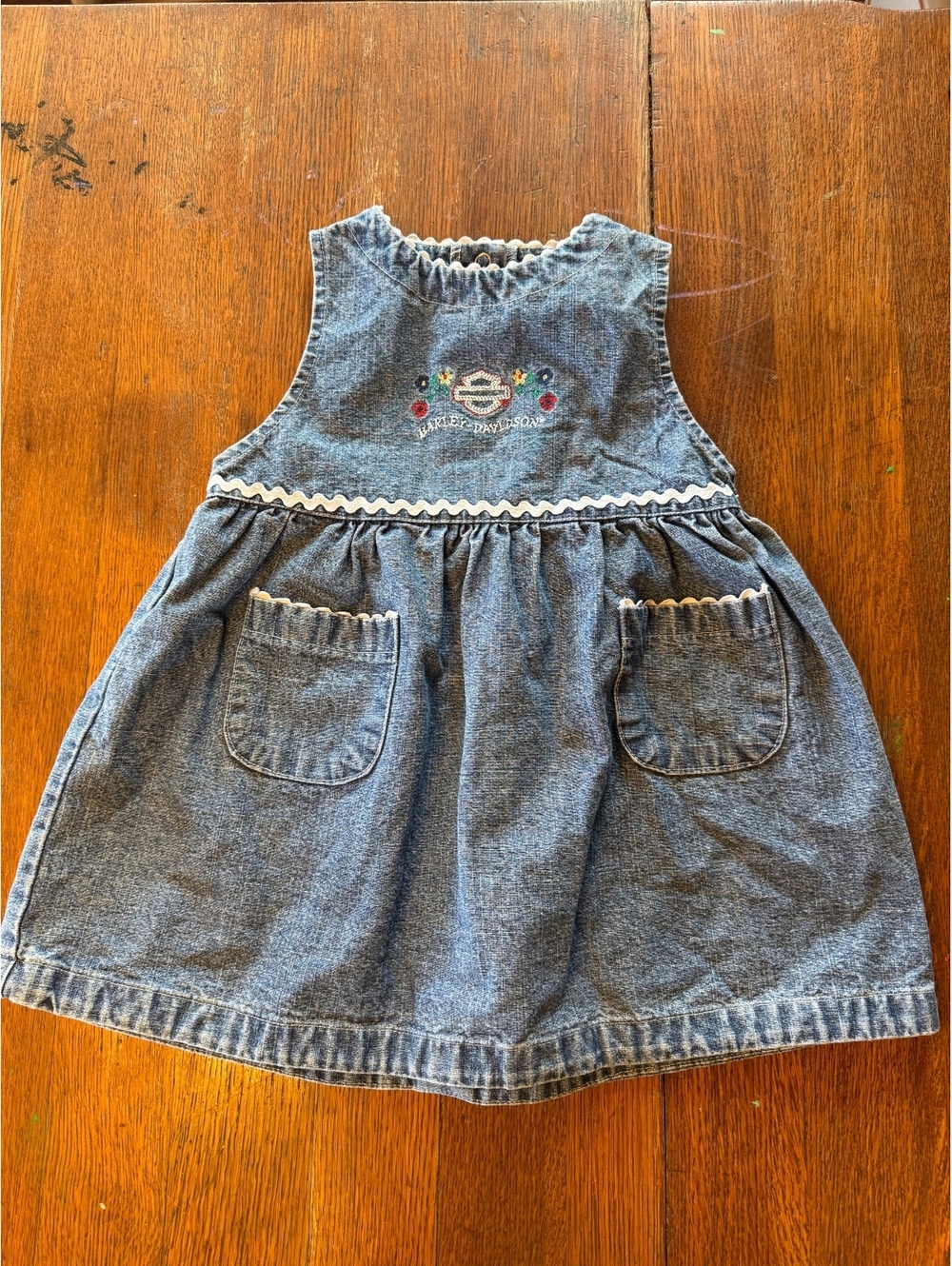 Harley Davidson Baby Denim Dress with Embroidered Logo and Floral Design